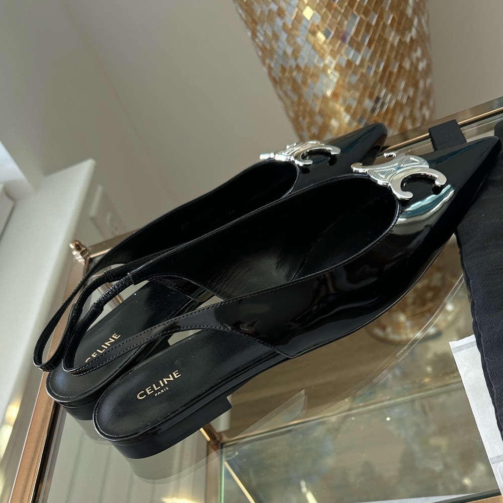 Authentic Celine Black Patent Leather Flats with Silver Accents - Picture 11 of 16